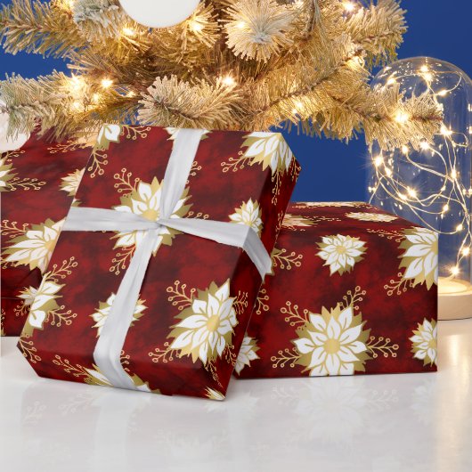 赤エレガント金ゴールド白ポインセチア花柄 ラッピングペーパー (クリスマス)