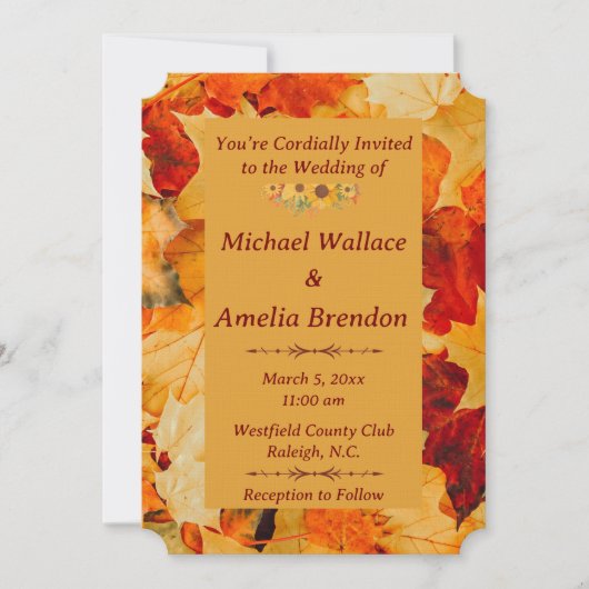 赤エレガント金ゴールド紅葉秋の結婚式 招待状 (正面)