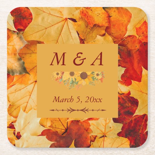 赤エレガント金ゴールド紅葉結婚 スクエアペーパーコースター (正面)