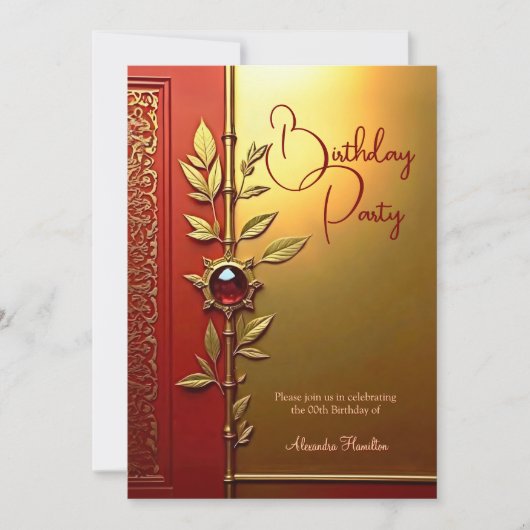 赤エレガント金ゴールド華美誕生会 招待状 (正面)