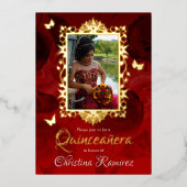 赤エレガント金ゴールド蝶キンセアニェラ 箔招待状 (正面)