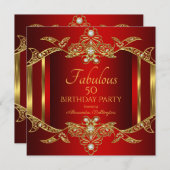 赤エレガント金ゴールド誕生日パーティーへの招待 招待状 (正面/裏面)