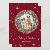 赤エレガント金ゴールド雪片リース写真 シーズンカード (正面/裏面)