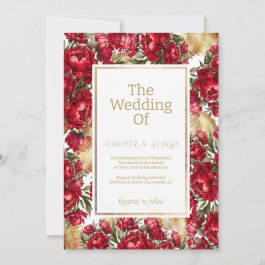 赤エレガント金ゴールド青牡丹フローラ結婚 招待状 (正面)