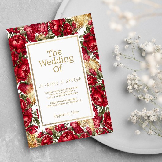 赤エレガント金ゴールド青牡丹フローラ結婚 招待状