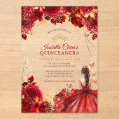 赤エレガント金ゴールド魅惑フローラキンセアニェラ アクリル招待状 (正面)