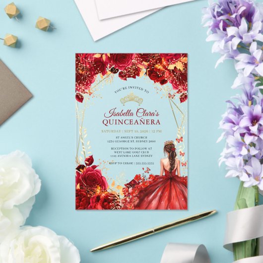 赤エレガント金ゴールド魅惑フローラキンセアニェラ アクリル招待状 (インサイチュ (ウェディング))