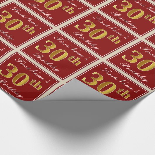 赤エレガント金ゴールド30歳フェイク名前をカスタムする ラッピングペーパー (角)