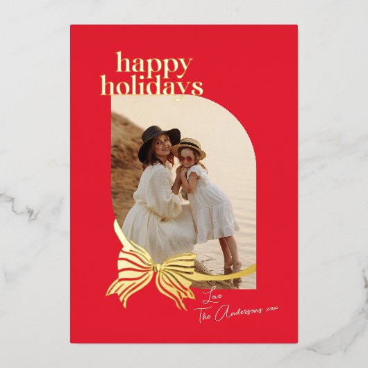 赤エレガント金ゴールドBow写真 箔シーズンカード (正面)