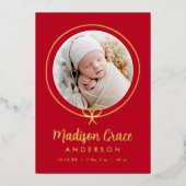 赤エレガント金フォイル弓誕生のお知らせ 箔招待状 (正面)