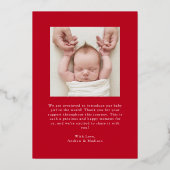 赤エレガント金フォイル弓誕生のお知らせ 箔招待状 (裏面)