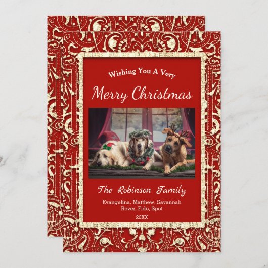 赤エレガント金2枚の写真クリスマスフラット シーズンカード (正面/裏面)