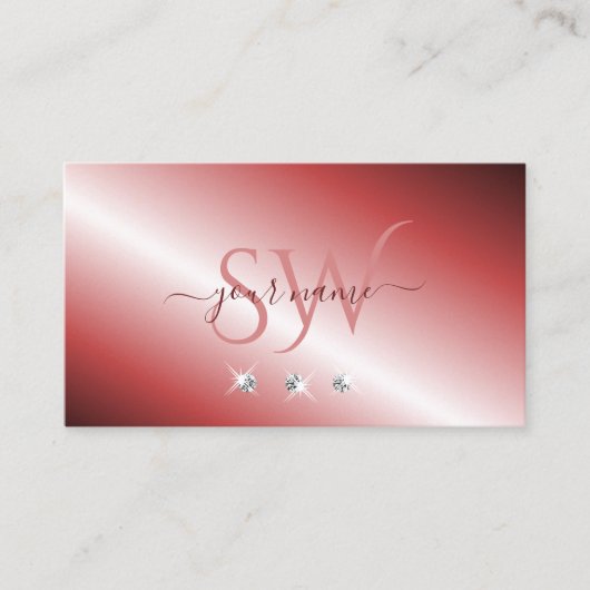 赤エレガント銀ダイヤきらめくモノグラム 名刺 (正面)
