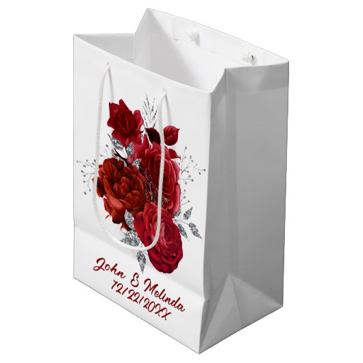 赤エレガント銀バラの追加日付 ミディアムペーパーバッグ (正面アングル)
