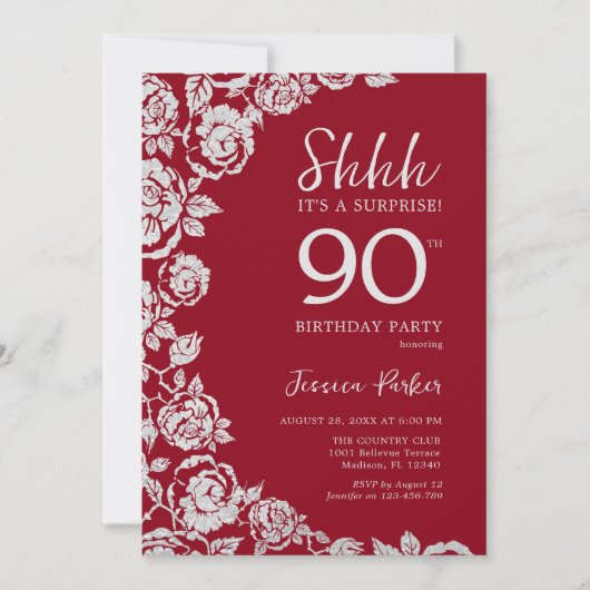 赤エレガント銀バラサプライズ90誕生日 招待状 (正面)