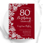 赤エレガント銀バラ80th誕生日パーティー 招待状<br><div class="desc">レッドシルバーフローラ80th birthday party invitation.デザインエレガントはバラ、銀フェイク箔、タイポグラフィスクリプトフォントを搭載。トレンディー招待状カードは女性の日スタイリッシュお祝いに最適。任意のカスタマイズ年齢にすることができる。印刷されたZazzle招待状または即時ダウンロードのデジタル印刷可能なテンプレート。</div>