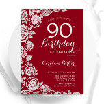 赤エレガント銀バラ90th誕生日パーティー 招待状<br><div class="desc">レッドシルバーフローラ90th birthday party invitation.デザインエレガントはバラ、銀フェイク箔、タイポグラフィスクリプトフォントを搭載。トレンディー招待状カードは女性の日スタイリッシュお祝いに最適。任意のカスタマイズ年齢にすることができる。印刷されたZazzle招待状または即時ダウンロードのデジタル印刷可能なテンプレート。</div>