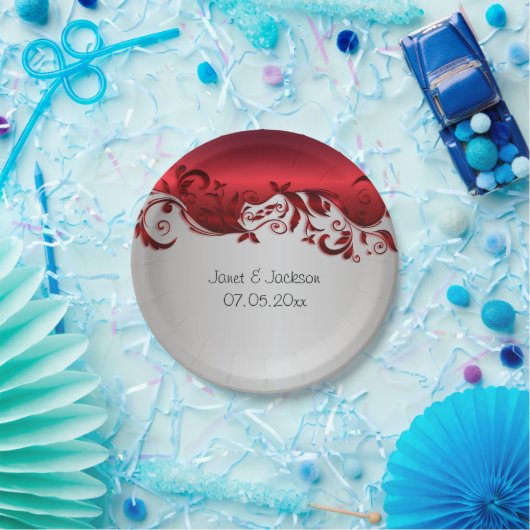 赤エレガント銀フロリ結婚ッドデザイン ペーパープレート (パーティー)