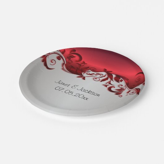 赤エレガント銀フロリ結婚ッドデザイン ペーパープレート (アングル)
