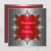 赤エレガント銀宝石枠誕生日 招待状 (正面/裏面)