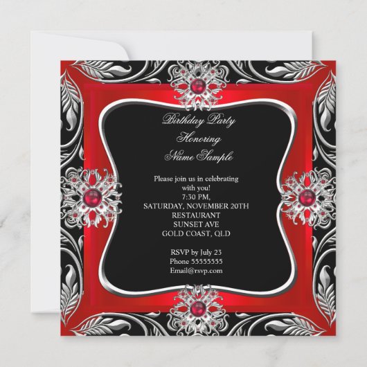 赤エレガント銀宝石黒誕生会 招待状 (裏面)