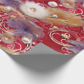 赤エレガント銀色の黄金の羽毛ビーズ真珠 ラッピングペーパー (角)