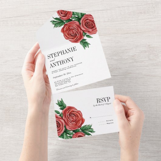 赤エレガント錆とセージフローラバラ結婚 オールインワン招待状 (貼ってはがせる)