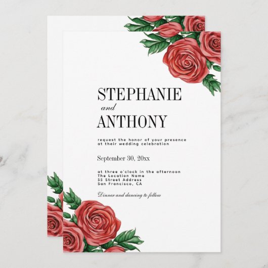 赤エレガント錆とセージフローラバラ結婚 招待状 (正面/裏面)