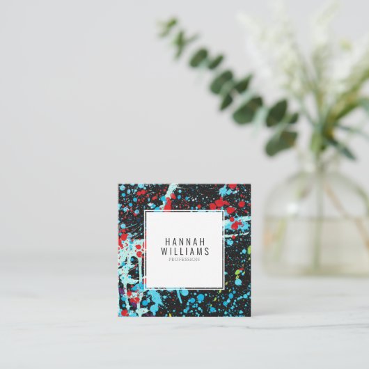 赤エレガント青Qrコードカラフルパタ色彩の鮮やかーン スクエア名刺 (スタンド正面)