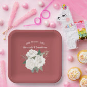 赤エレガント革と白のバラ結婚ズ ペーパープレート (パーティー)