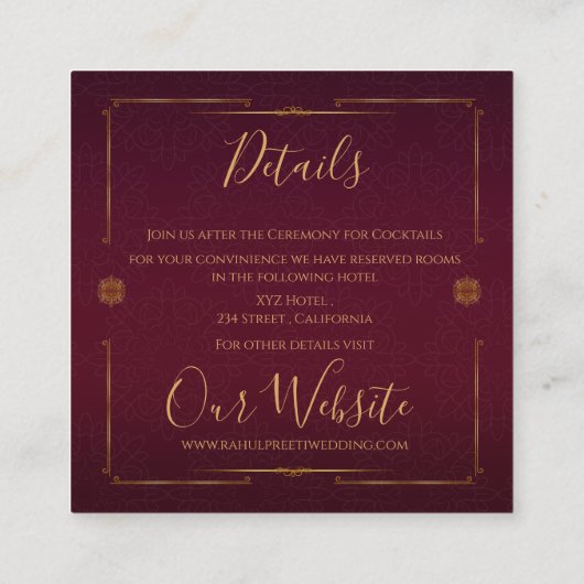 赤エレガント鮮やか金ゴールド結婚インディアン エンクロージャーカード (裏面)