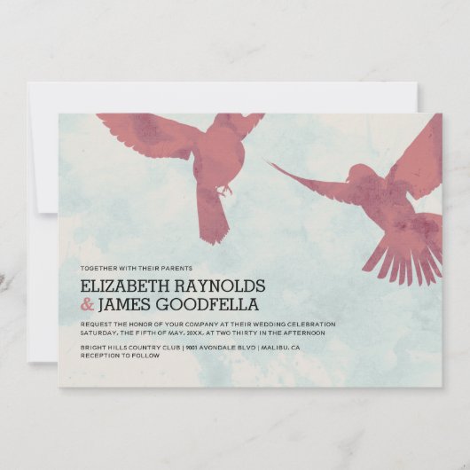赤エレガント鳥結婚式招待状 招待状 (正面)