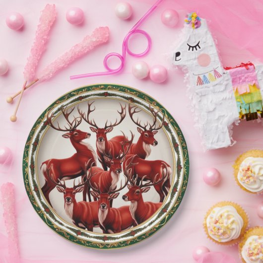 赤エレガント鹿ムース金ゴールド雪メリークリスマスパーティー ペーパープレート (パーティー)