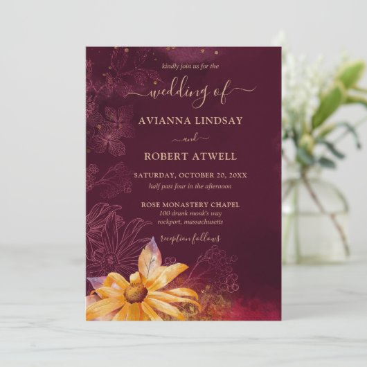 赤エレガント黄ひまわり結婚の 招待状 (スタンド正面)