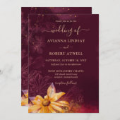 赤エレガント黄ひまわり結婚の 招待状 (正面/裏面)