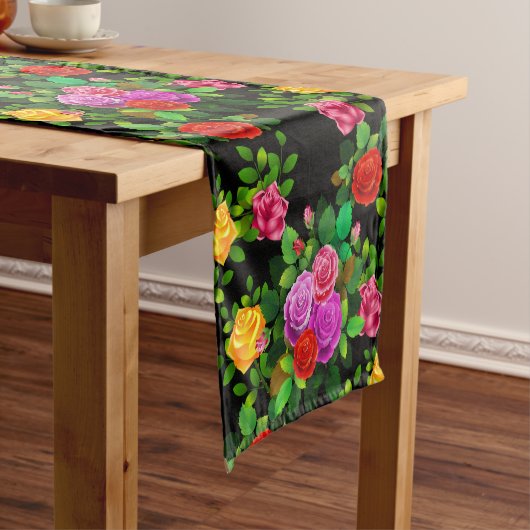 赤エレガント黄ピンクと紫のバラ花 ショートテーブルランナー (インサイチュ)