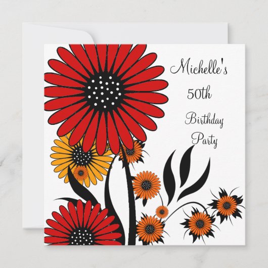 赤エレガント黄フローラ白50誕生日 招待状 (正面)