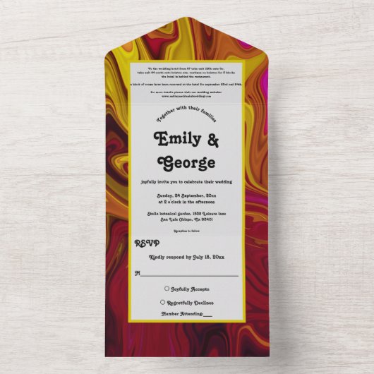 赤エレガント黄抽象芸術絵を描ファインアート結婚s オールインワン招待状 (内側)