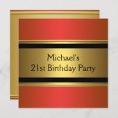 赤エレガント黒と金ゴールドメタル21歳の誕生日 招待状 (正面/裏面)