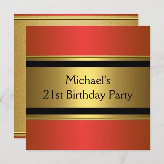 赤エレガント黒と金ゴールドメタル21歳の誕生日 招待状 (正面/裏面)