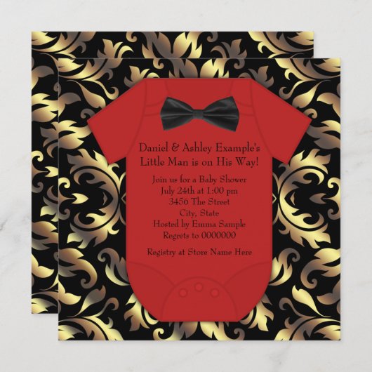 赤エレガント黒と金ゴールド男の赤ちゃんシャワー 招待状 (正面/裏面)