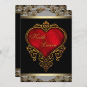 赤エレガント黒と金ゴールド結婚ズ 招待状 (正面/裏面)