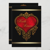 赤エレガント黒と金ゴールド結婚ズ 招待状 (正面/裏面)