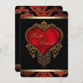 赤エレガント黒と金ゴールド結婚ズ 招待状 (正面/裏面)