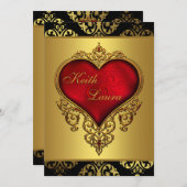 赤エレガント黒と金ゴールド結婚ズ 招待状 (正面/裏面)
