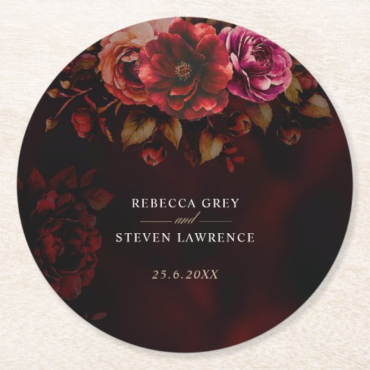 赤エレガント黒のフローラ結婚は、気分屋でロマンチック ラウンドペーパーコースター (正面)