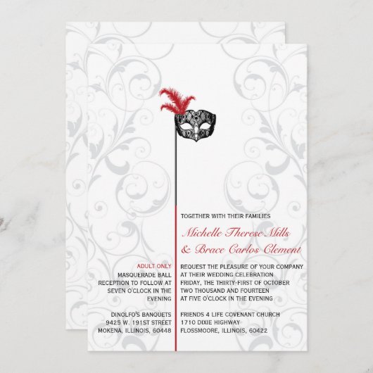 赤エレガント黒の仮装結婚式招待状 招待状 (正面/裏面)