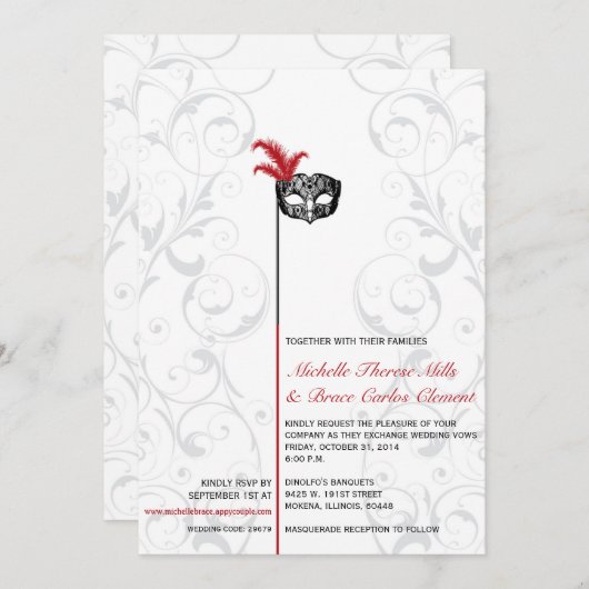 赤エレガント黒の仮装結婚式招待状 招待状 (正面/裏面)