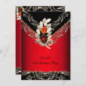 赤エレガント黒キャラメル金ゴールド誕生日パーティー 招待状 (正面/裏面)
