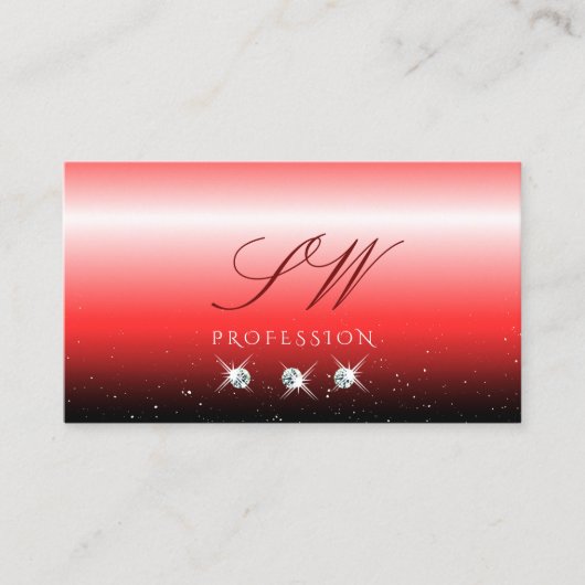 赤エレガント黒グラデーション輝く宝石イニシャル 名刺 (正面)
